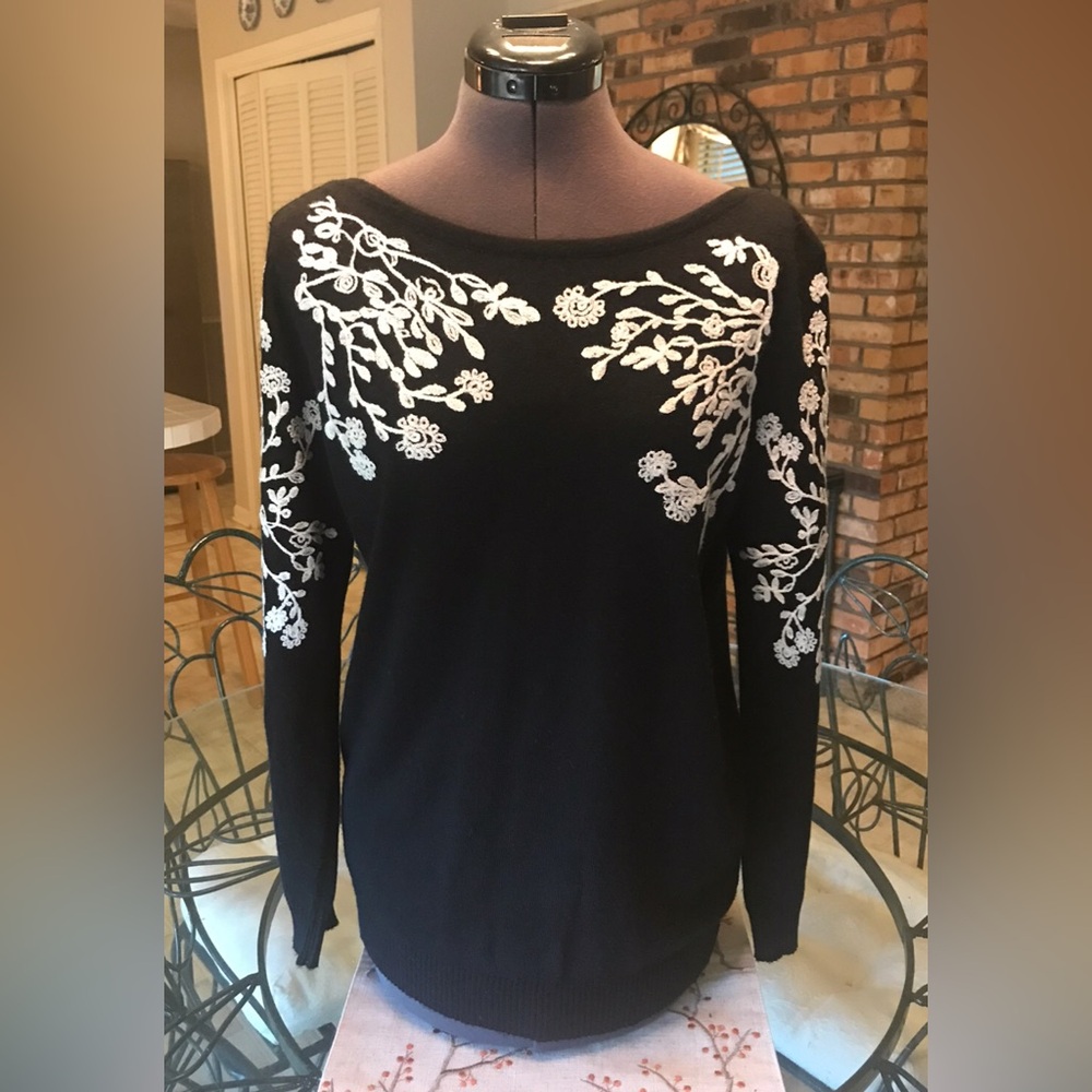 Rain & Rose Black Long Sleeve Sweater With Delicate Ivory Embroidery.